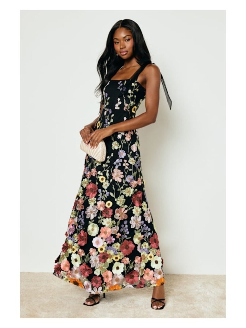 Thriving Poise Black 3D Floral Embroidered Tie-Strap Maxi Dress Size XS NWT